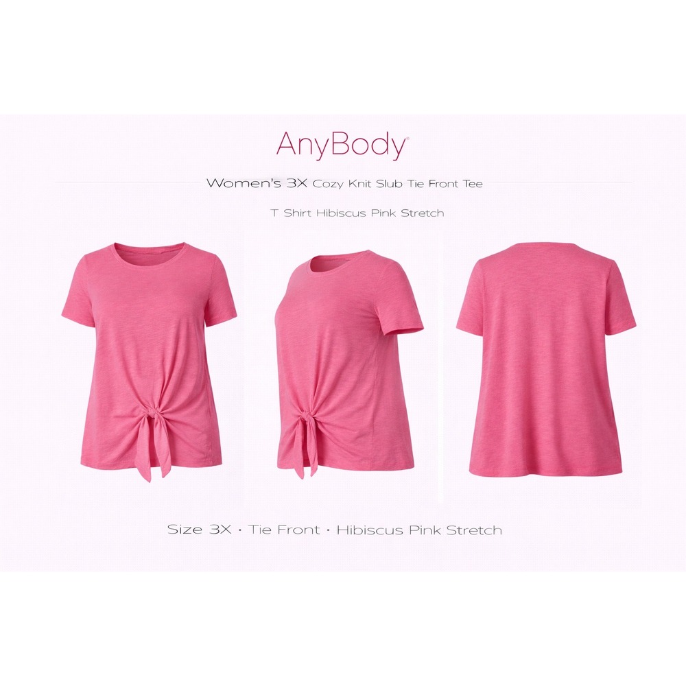 AnyBody Cozy Knit Slub Tie Front Tee Bright Pink Short Sleeve Plus Size 3X A3745